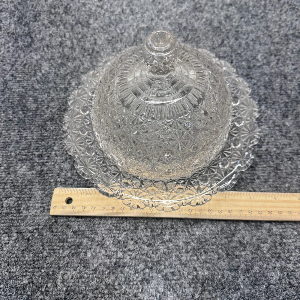 Vintage Glass Butter Dish Round Clear Daisy Button Pattern Domed Lid Farmhouse